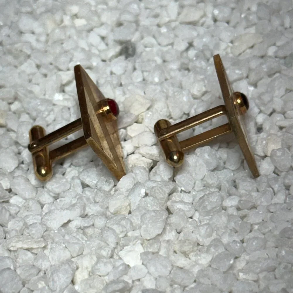 Vintage Gold-Tone Rectangular Cufflinks with Red Stone